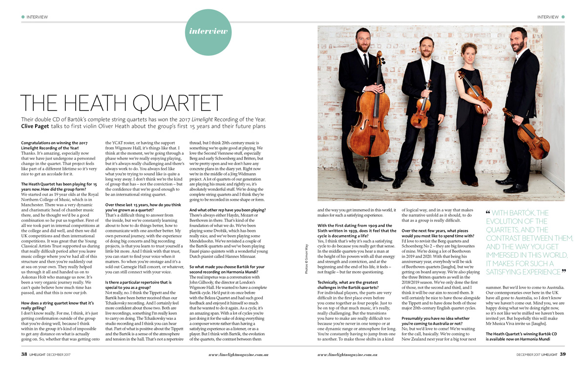 Limelight Magazine: Heath Quartet