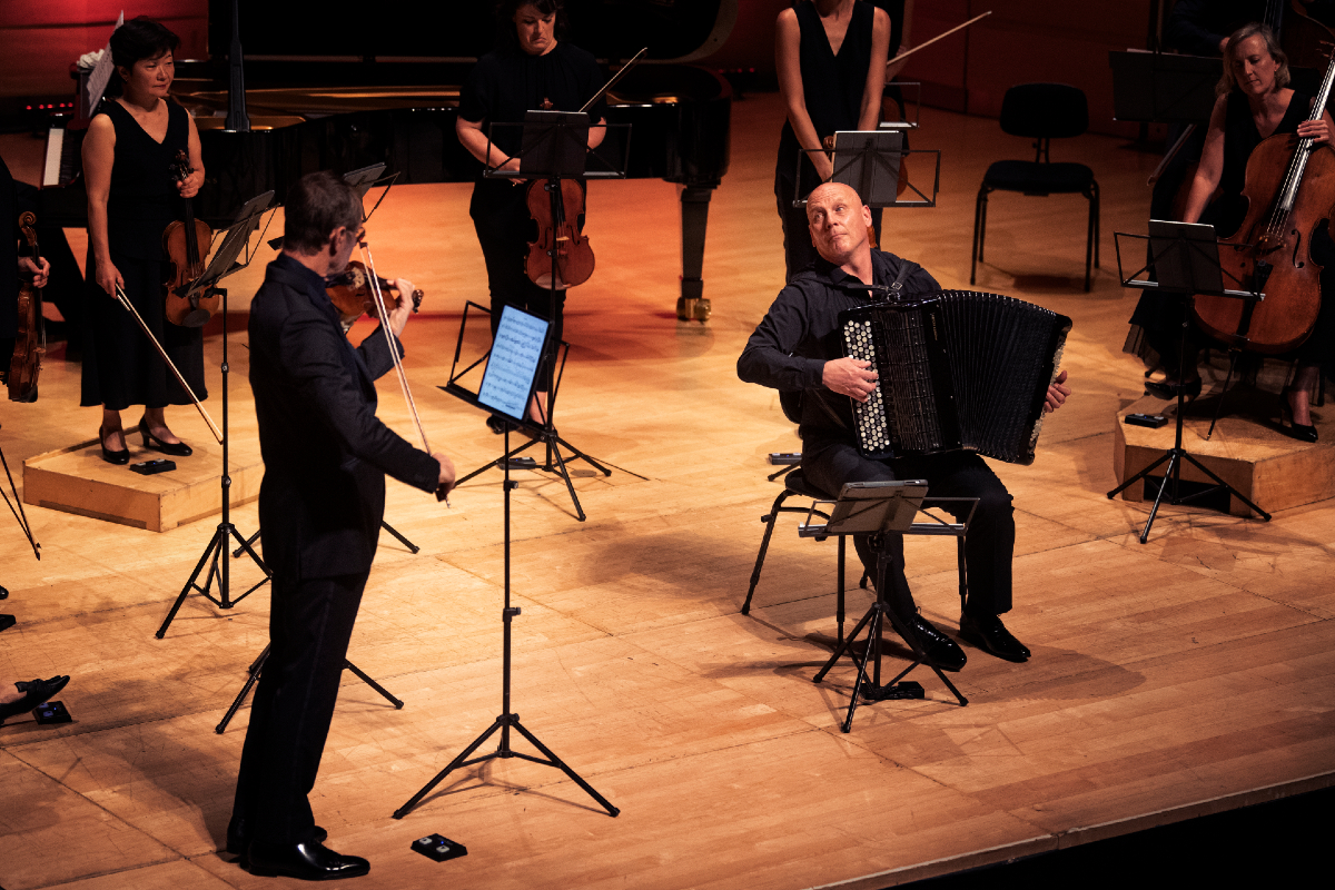 James Crabb and Richard Tognetti performing during the Australian Chamber Orchestra's Piazzolla concert.