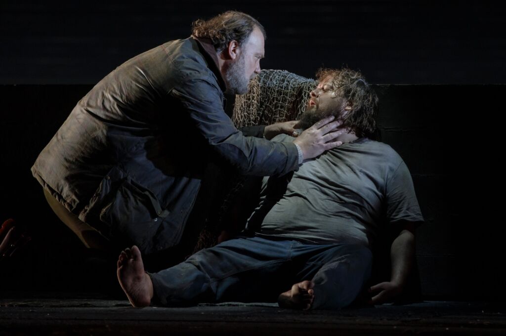 Bryn Terfel as Balstrode and Allan Clayton as Peter Grimes in Deborah Warner's new production for the Royal Opera House.