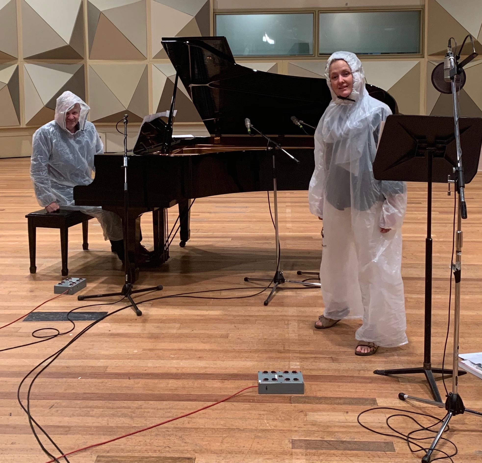 Taryn Fiebig and Guy Noble in their "recording PPE". Image courtesy Guy Noble.