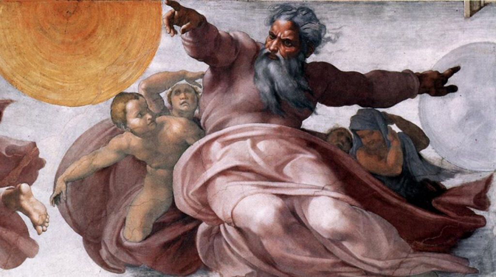 The creation of the sun and moon in a detail from Michelangelo's Sistine chapel ceiling. Source Wikimedia Commons.