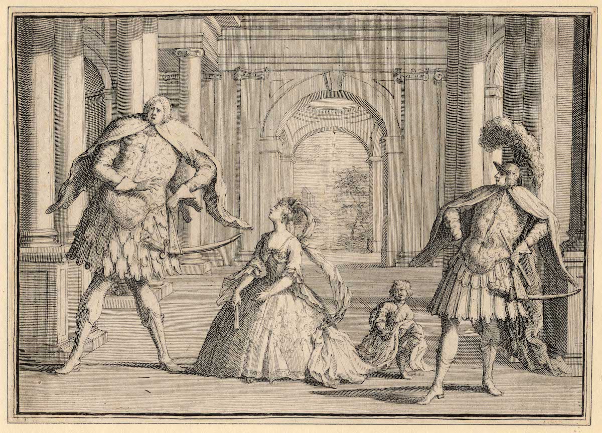 Caricature of a performance of Handel's Flavio, featuring three of the best-known opera seria singers of their day: Senesino on the left, diva Francesca Cuzzoni in the centre, and art-loving castrato Gaetano Berenstadt on the right.