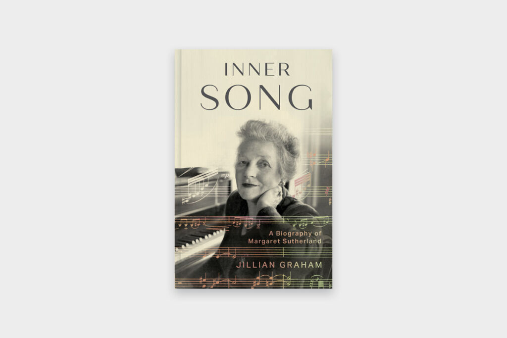 The cover of "Inner Song". Margaret Sutherland sits next to a piano, leaning her head on one hand. Manuscript is engraved over the top.