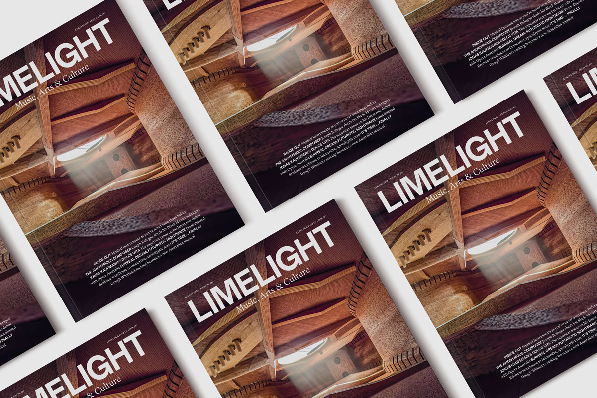 Several covers of Limelight's August 2023 issue are displayed diagonally across a surface. The cover image shows the inside view of a violin.
