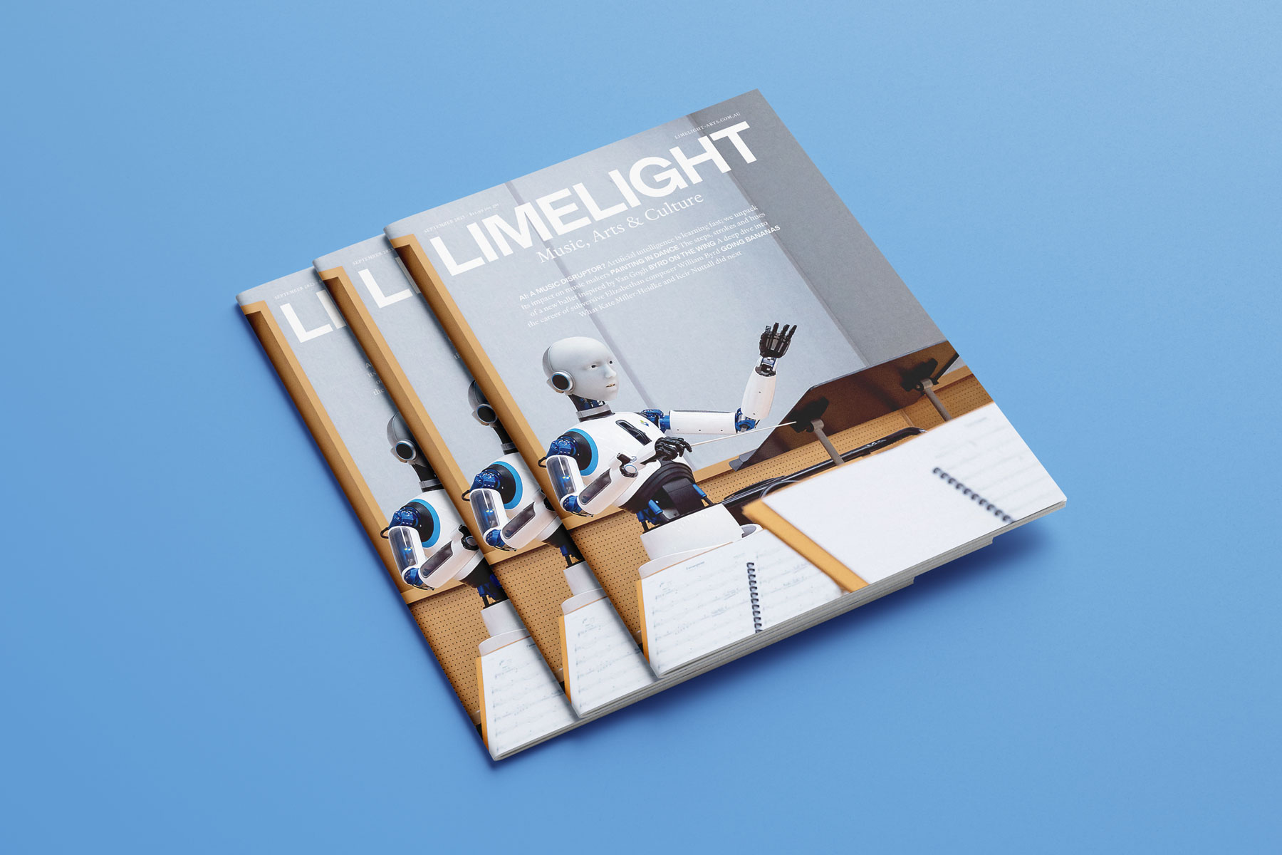 Several covers of Limelight's September 2023 issue, which features a robotic conductor, are spread across a blue background.