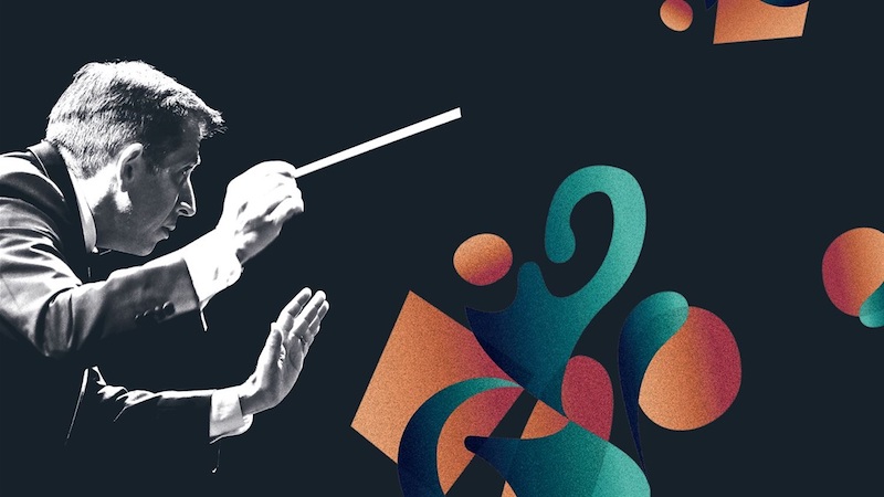 Nicolas Milton is conducting next to colourful abstract shapes.