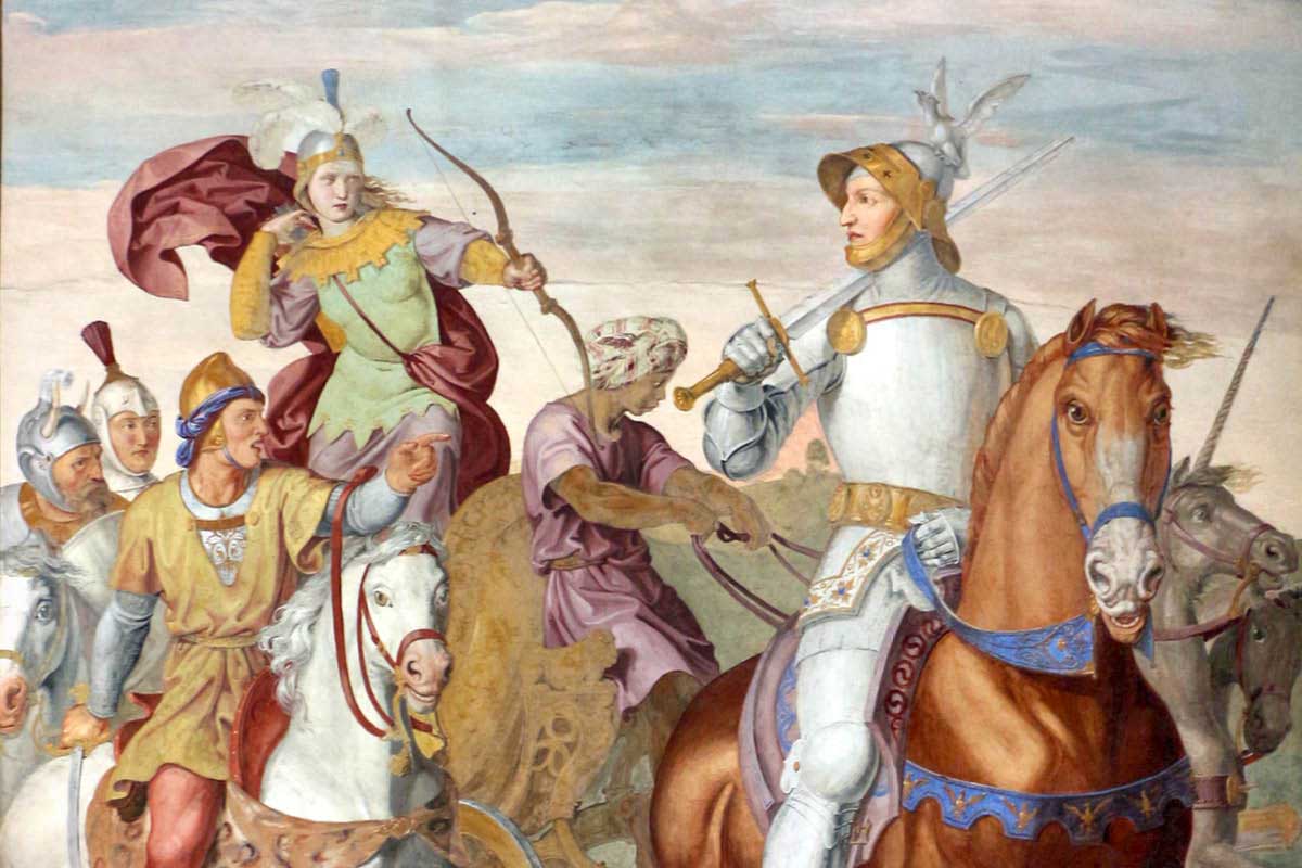 A painting of Rinaldo on a horse.
