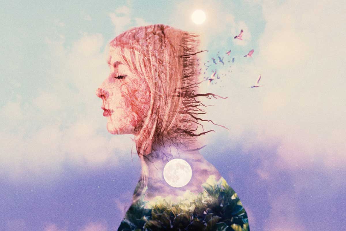 A woman looks to the right, her eyes closed. Her hair changes into birds, and an evening sky is superimposed onto her body.