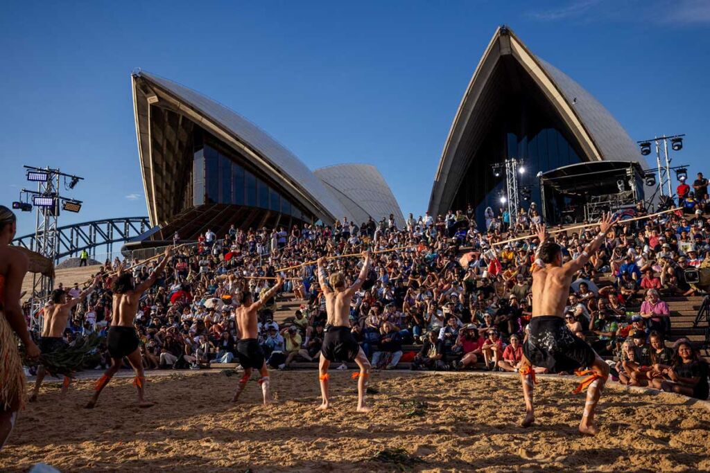 Yangkay Cultural Connect performs on the Sydney Opera House Forecourt during DanceRites 2023.
