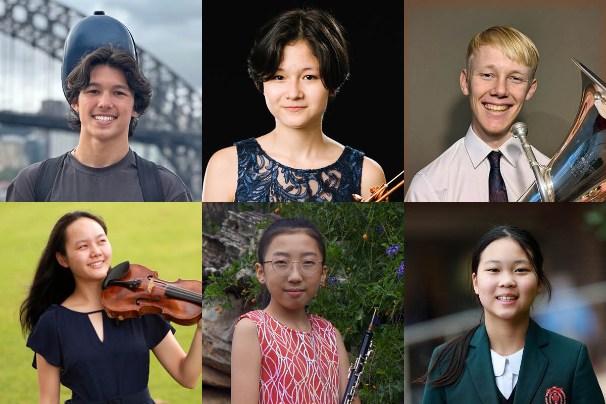 Headshots of the six finalists for the 2024 NSW Secondary Schools Concerto Competition.