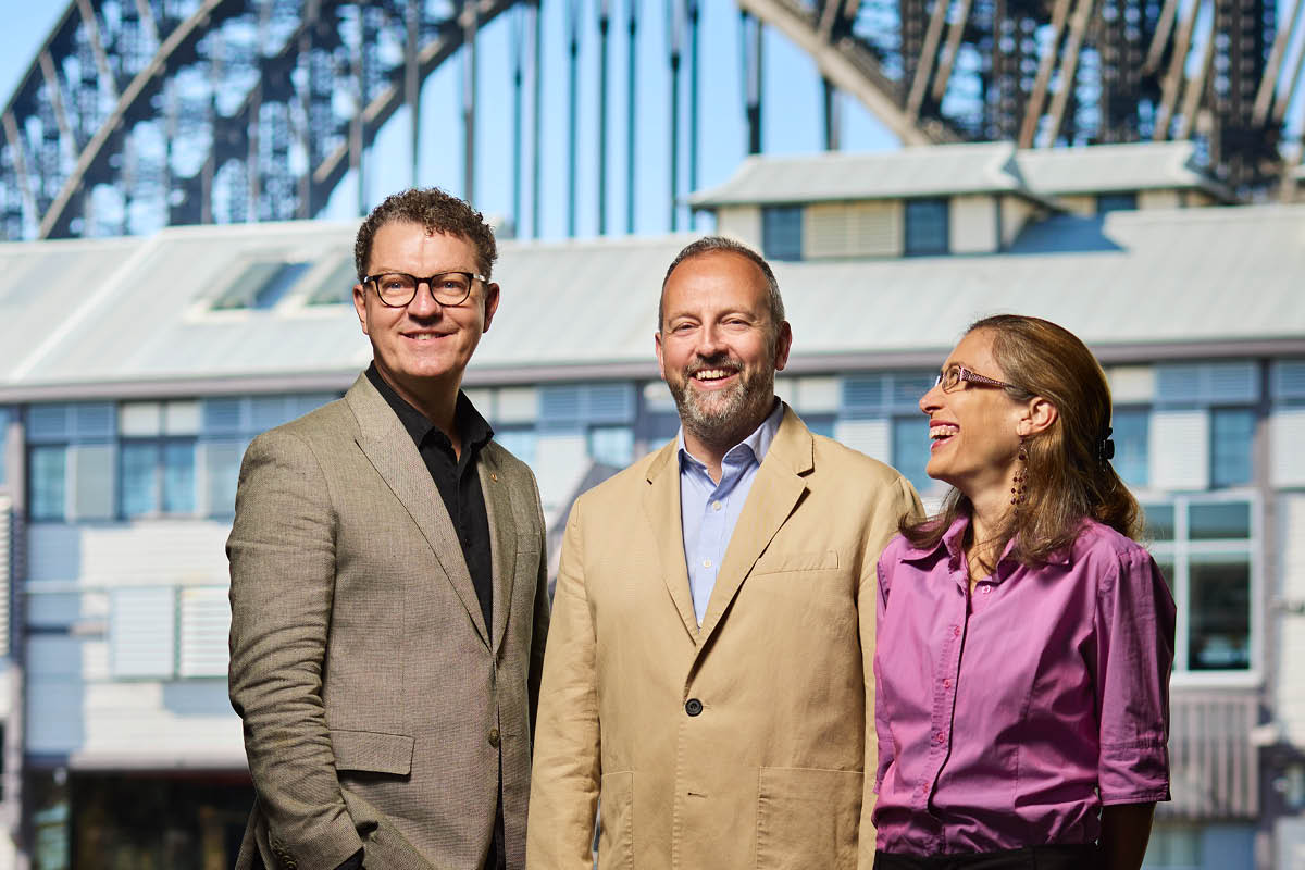 Brett Weymark, Matthew Beale and Elizabeth Scott outside the Choir's offices in Walsh Bay.
