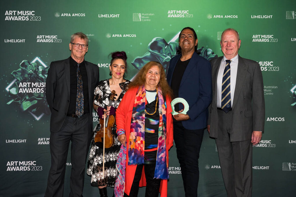 Martin Buzacott, Véronique Serret, Aunty Delmae Barton, William Barton and Mick Roche at the 2023 Art Music Awards.