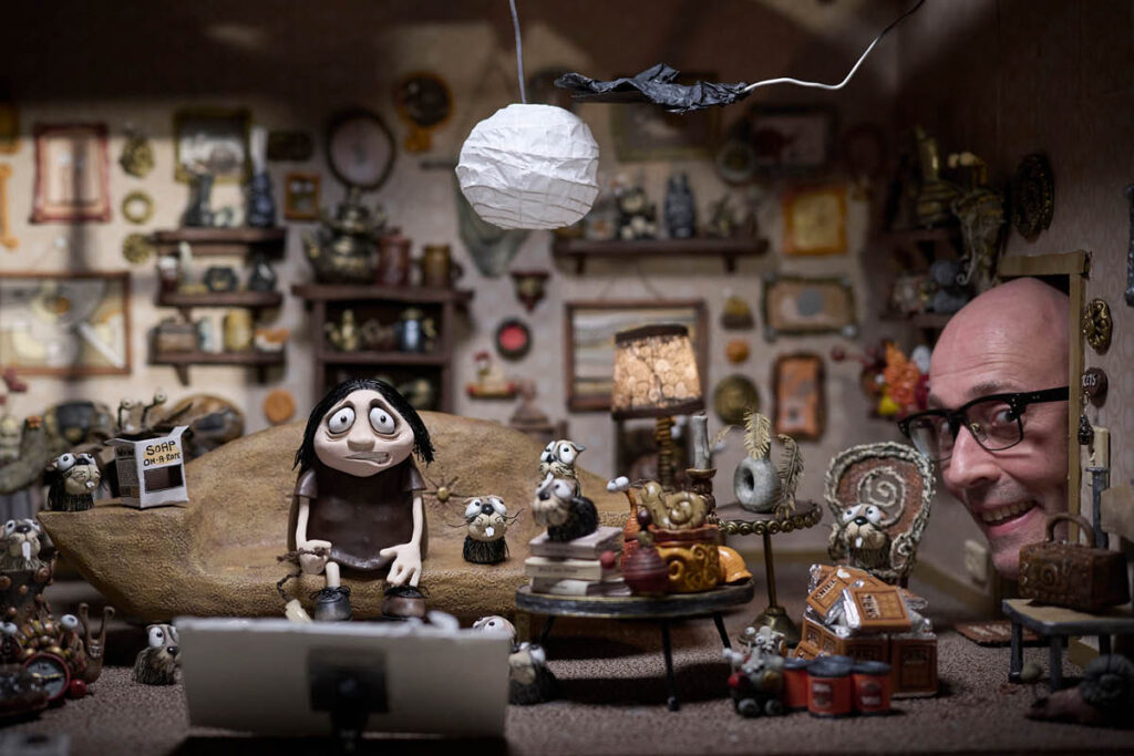 A lounge room set scaattered with odd objects for the claymation film Memoir of a Snail.