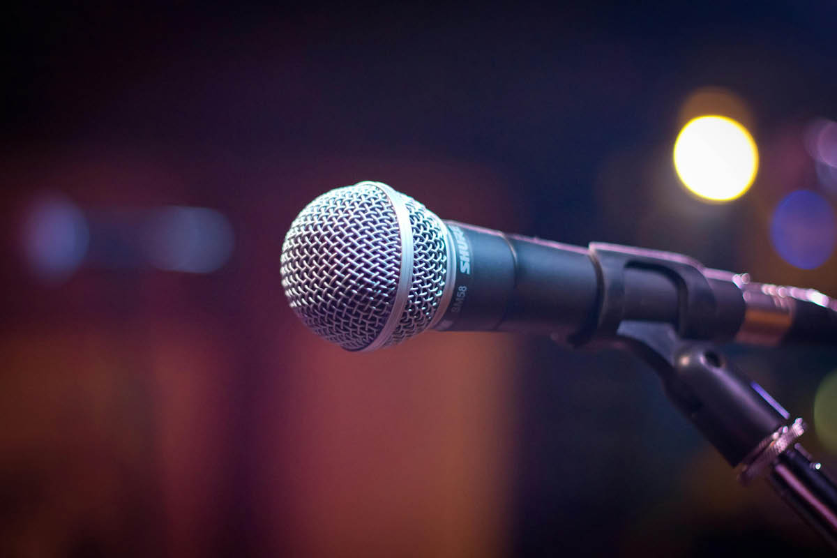 A microphone on a stand.